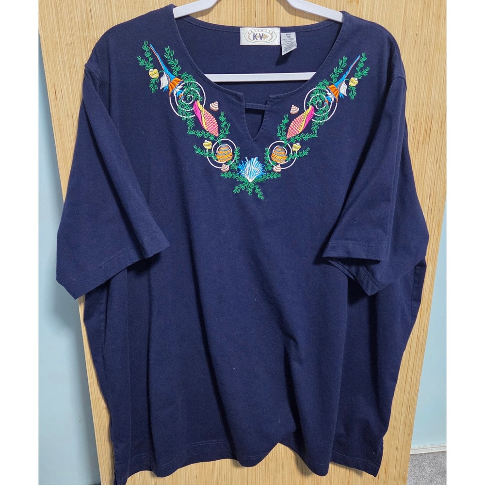K-V Easywear Womens 3X Navy Blue Embroidered Seashell Coastal Split Neck T-Shirt